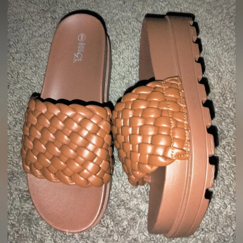 Rouge (Size 9) Camel Brown Faux Leather Braided Weave Platform Slip-on Sandals